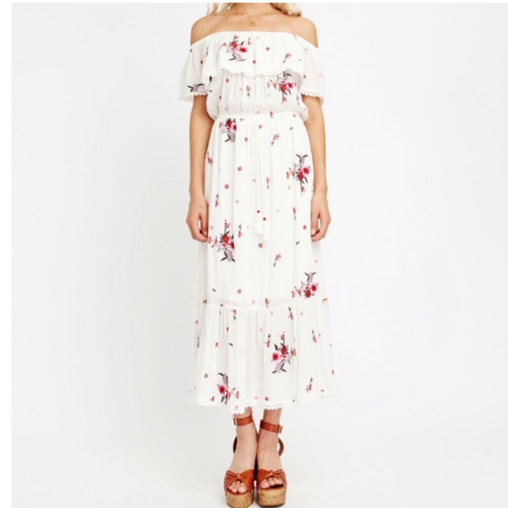 Wonder + Lost SENORITA EMBROIDERED OFF THE SHOULDER MIDI DRESS IN WHITE FLORAL